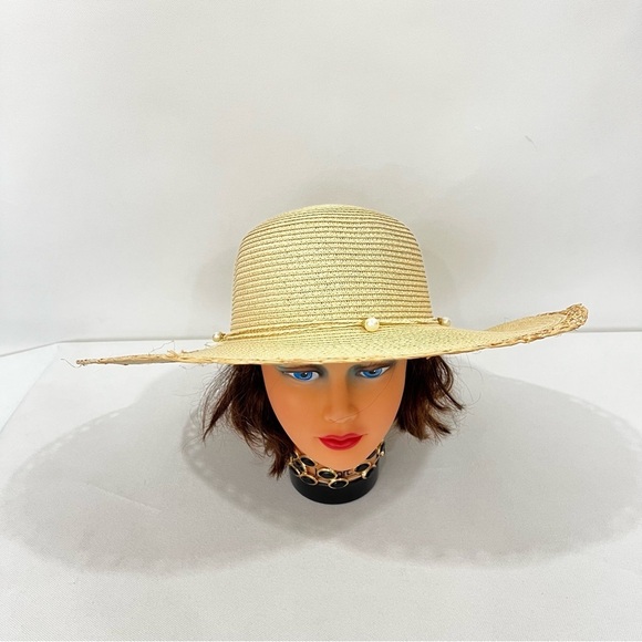 Boutique Accessories - Sun Hat Faux Pearls Details Around Packable Tan Light Brown